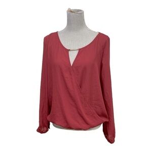 Cover Stitched Dark Red Top Size L Semi Sheer Surplice Blouse Long
Sleeve V Neck